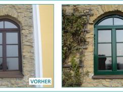 Vorher-Nachher eines Sprossenfensters mit Rundbogen