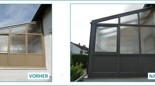 Vorher-Nachher eines Wintergartens mit strukturiertem Glas