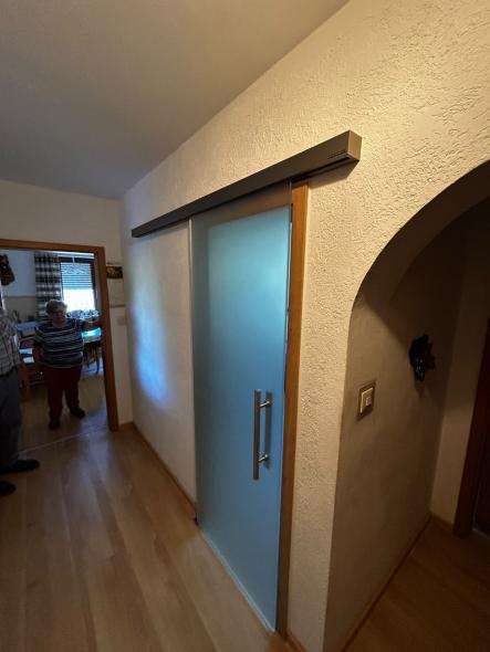 Ganzglas Schiebetüre in Satinato mit Selbsteinzug