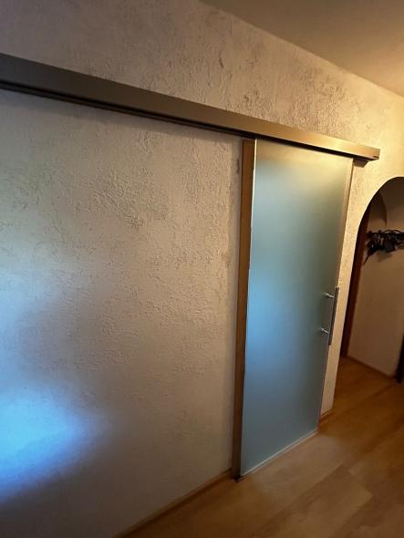 Ganzglas Schiebetüre in Satinato mit Selbsteinzug